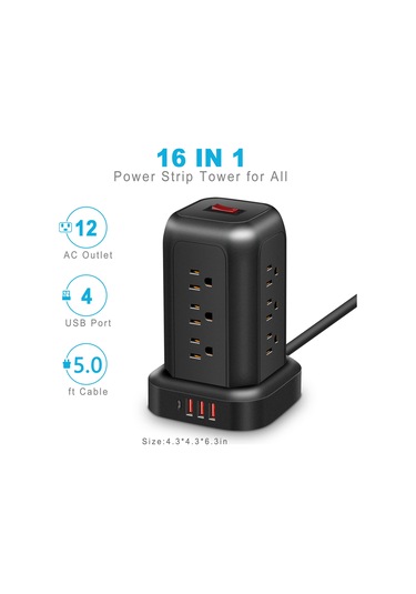 Reedark Amerikan Standartlı Dikey Priz, 12 Fişli + 3 Usb + 1 Type-c, Fırtına Ve Aşırı Yük Korumalı, 1.5m Kablolu, 2000w, Abs Kasa