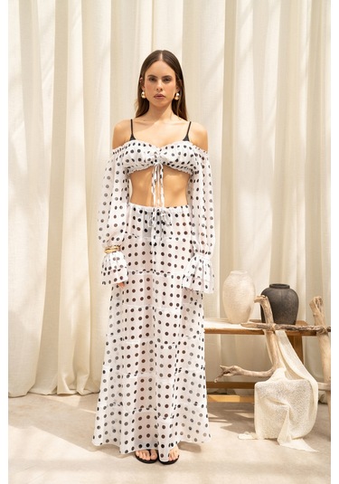 Mai Collection Samos Puantiyeli Ekru Crop Etek Takım