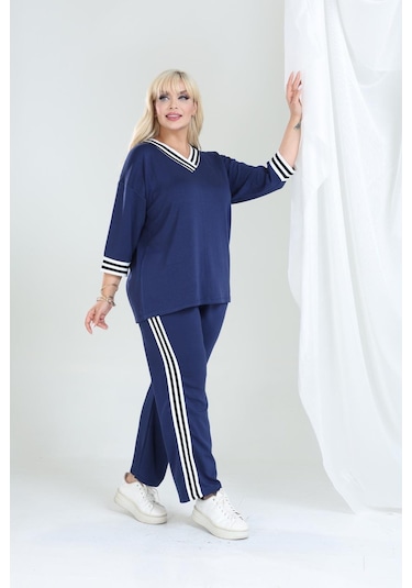 Şeritli Takım Oysho Modal Kumaş Şeritli Yumuşak Dokulu M-6xl Lacivert