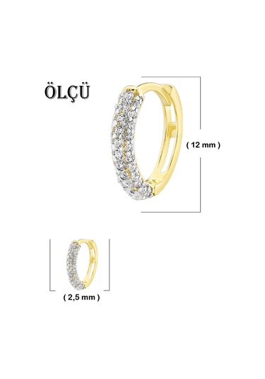 Moom Mücevherat Kadın 14 Ayar Altın Küpe Minimalist Zirkon Taşlı Modern Halka Altın Küpe 12 Mm-Mm20033
