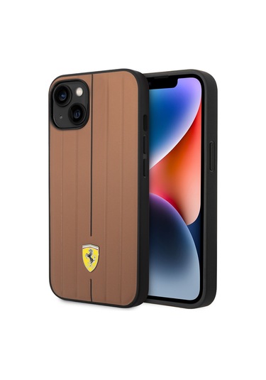 İphone Uyumlu 14 Kılıf Ferrari Lisanslı Deri Arka Yüzey Metal Logolu Şerit Tasarımlı Kahverengi