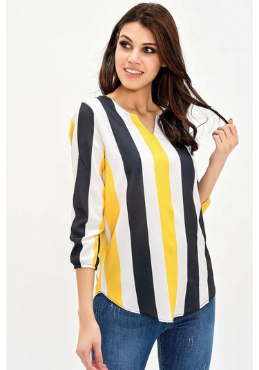 Kadın Siyah & Sarı Yakası Yırtmaçlı Çizgili Krep Bluz Truvakar Kol Kaliteli Dokulu Kumaş Siyah - Sarı