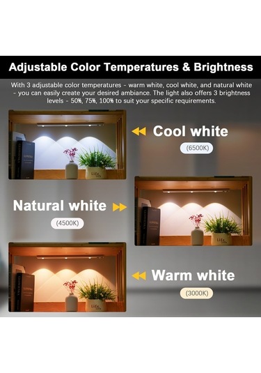 Fortunelane 40cm Gümüş Vücut Algılama Lambası - 3 Renk, 3 Parlaklık, Sürekli/algılama Modu, 900mah Pil, Mıknatıslı Montaj, Dolap Gümüş