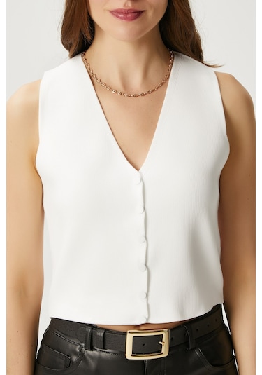 Ritnice Kadın Petite Çıtçıtlı Crop Krem Triko Yelek Krem