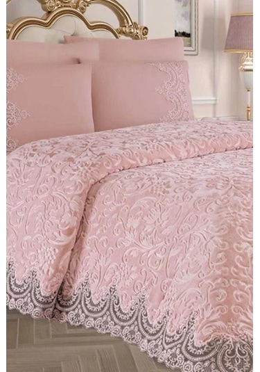 Çift Kişilik Güpürlü Battaniye Seti Adriana Pudra Pudra