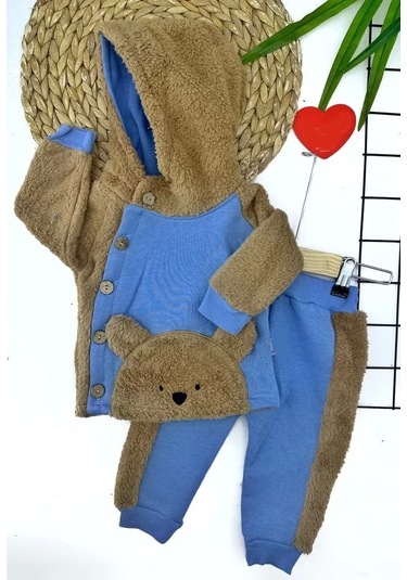 6-12-18-24 Ay Düğme Kapamalı Kapşonlu Ceket Welsoft Detaylı 2li Erkek Bebek Takımı Mavi Mavi