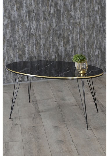 Zigon Sehpa Ve Orta Sehpa Elips Siyah Tel Ayak Çift Altın Bendir