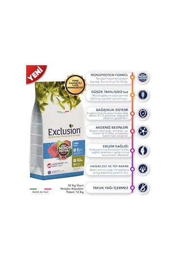 Exclusion Monoprotein Düşük Tahıllı Ton Balıklı ve Narlı Büyük Irk Yetişkin Köpek Maması 12 KG