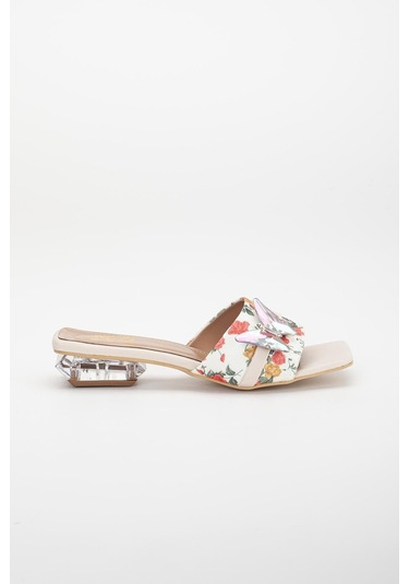 Çiçekli Saten Kelebek Taş Tokalı Ten Kadın Kısa Topuklu Terlik-3088-ten Ten