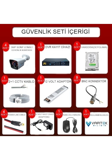 4 Kameralı 1 Tb Hdd 5mp Lensli 1080p Fullhd Kamera Seti - Su Gecirmez- Sabit İp Gerektirmez