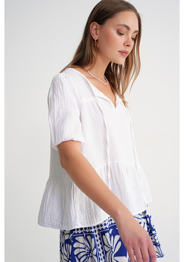 4715 Kadın Yakası Bağlamalı Kısa Kol Müslin Bluz Beyaz Beyaz