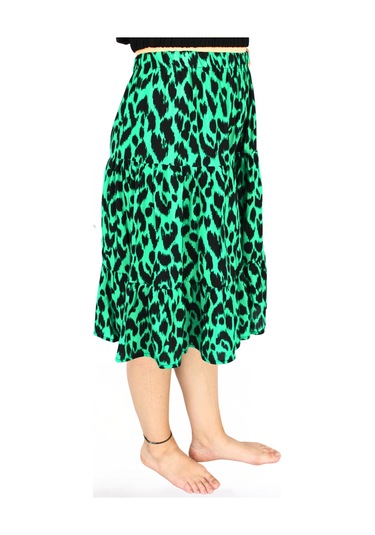 Nurören Viskon Kumaş Yeşil Siyah Leopar Desenli Midi Boy Kadın Şort Etek Leopar