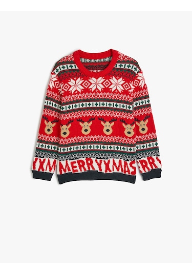 Koton Geyik Desenli Bisiklet Yaka Uzun Kollu Yılbaşı Kazağı Multıcolor 5wkb90015tt Mavi