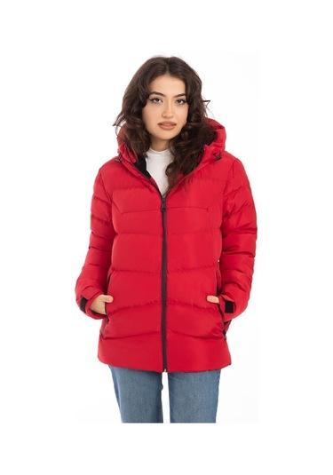 Spor Kadın Kapüşonlu Polarlı Kürklü Su Geçirmez Rüzgara Dayanıklı Şişme Mont Kaban Parka Kırmızı