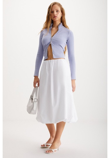 GRIMELANGE Rosalba Kadın Paraşüt Kumaş Beli Lastikli Dokuma Balon Beyaz Etek Beyaz