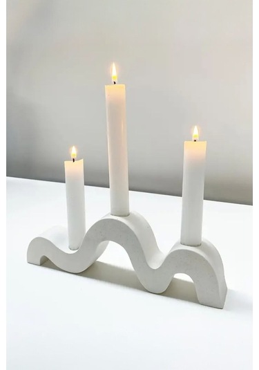 Modern Dalga Tasarımlı 3 Lü Beton Mumluk Şamdan - Dekoratif El Yapımı Masa Üstü Mumluk Beyaz