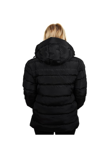 Freemen Kadın Siyah Kapüşonlu Polarlı Kürklü Su Geçirmez Rüzgara Dayanıklı Şişme Mont Siyah