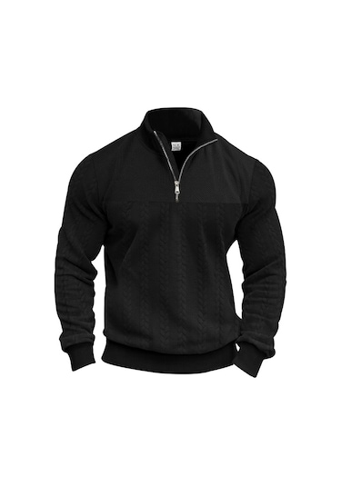 Amerikan Retro Gündelik Dik Yaka Fermuarlı Kazak Gevşek Örme Ağır Dikiş Jakarlı Sonbahar Ve Kış Uzun Kollu Kazak Siyah