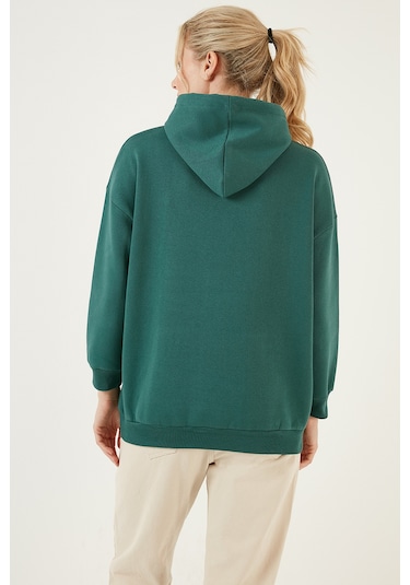 Lela Regular Fit Pamuklu Kapüşonlu Yaka Şardonlu Kışlık Bayan Sweat 5863854 Nefti