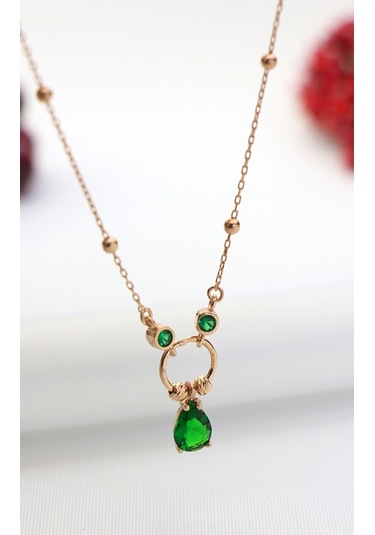 Yeşim Taşlı Özel Tasarım Gümüş Kolye 50Cm-Rose Gold