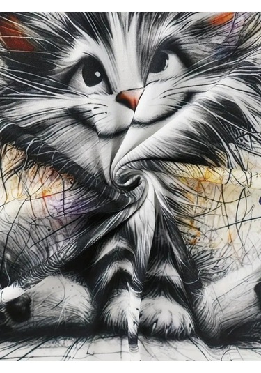 Kadın Kısa Kollu Bisiklet Yaka Kedi Baskılı Süprem Bluz Beyaz