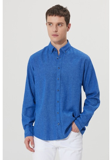 AC&Co / Altınyıldız Classics Erkek Lacı Comfort Fit Rahat Kesim Düğmeli Yaka Keten Gömlek Lacı Lacivert