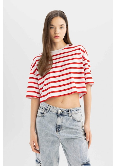 Defacto Coool Fitted Çizgili Kısa Kollu Tişört A9046AX24SMRD44 Kırmızı Defacto Coool Fitted Çizgili Kısa Kollu Tişört A9046AX24SMRD44 Kırmızı