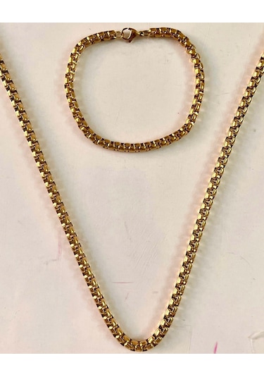 Kalın Zincir Çelik Kararmaz Paslanmaz Gold Kolye Ve Bileklik Set Altın