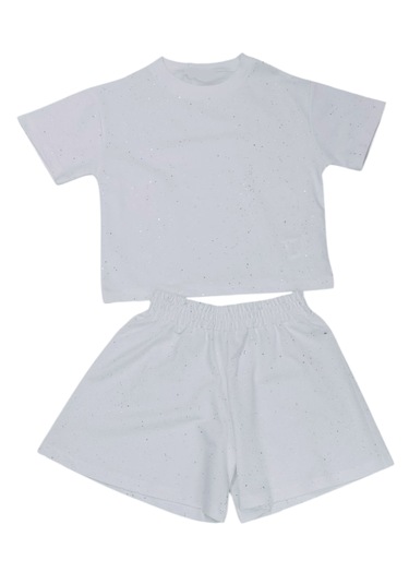 Kız Çocuk Kendinden Simli Beyaz Renk Şortlu Takım Beyaz