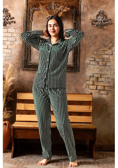 Lukitus Kadife Gömlek Yaka Kadın Pijama Takımı Yeşil