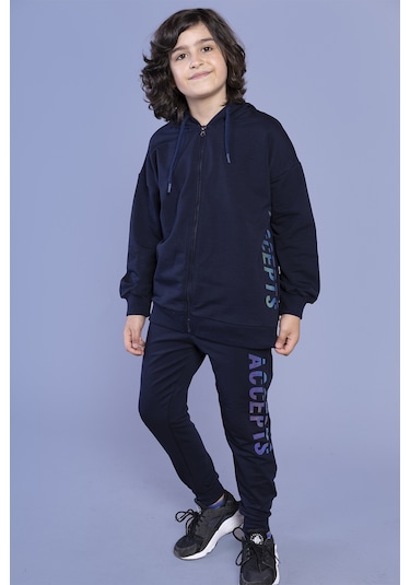 Toontoy Erkek Çocuk Kapüşonlu Baskılı Eşofman Takımı Petrol Mavi