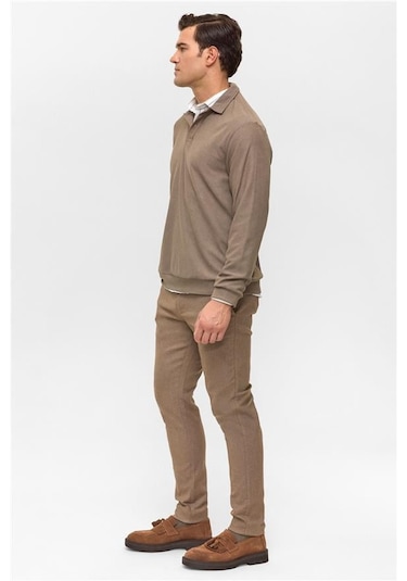 Süvari Açık Kahve Regular Düz Polo Yaka Sweatshirt Açık Kahve
