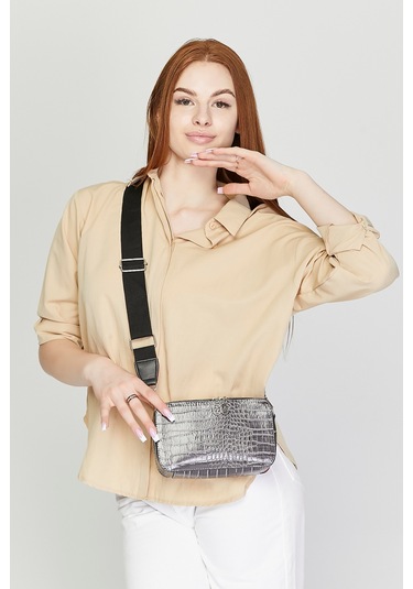 Morpelikan Gri Kroko İki Bölmeli Kadın Omuz Çantası Gri