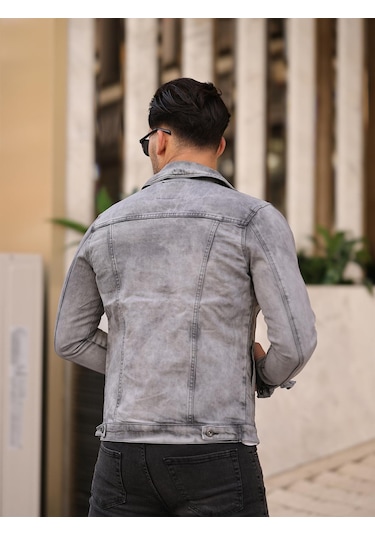 Gri Renk Eskitme Kot Ceket-1502 Gri