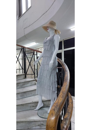 Italyan 2 Beden İnce Gösteren Kat Kat Kolsuz Ipek Elbise-8769 Taş Rengi