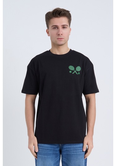 Velvoria Unisex Oversize Relaxed Tennis Baskılı Siyah Renk T-shirt