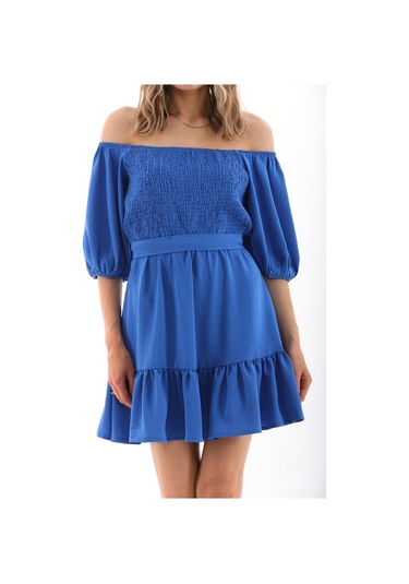Kallima Fırfırlı Diz Üstü Balon Kol Mavi Aerobin Elbise - 90 Cm Mavi
