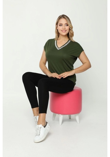 Yakası Taş Baskılı Bluz Haki Yeşil Haki