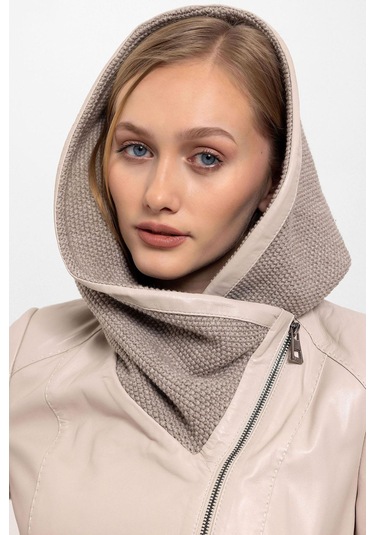 Bej Julia Triko Kapüonlu Kemerli Hakiki Kadın Deri Kaban-bej Bej