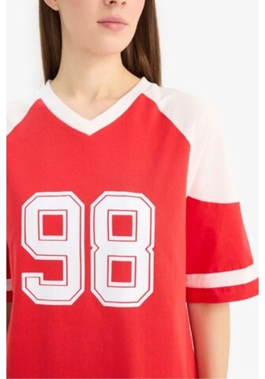 DeFacto Baskılı V Yaka Kısa Kollu Gecelik-Fall in Love E7649AX25SPRD227