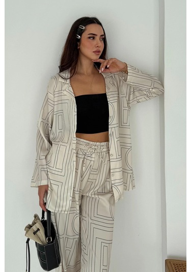 Geometrik Desen Modal Saten Takım Beyaz Beyaz
