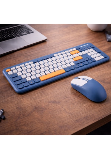 Soft Touch Kablosuz Klavye Mouse Set Lacivert + Beyaz Smk-687 Diğer