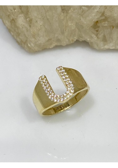 Magümüş 14 Ayar Altın U Harfli Üst Kalite Trend Harf Yüzük