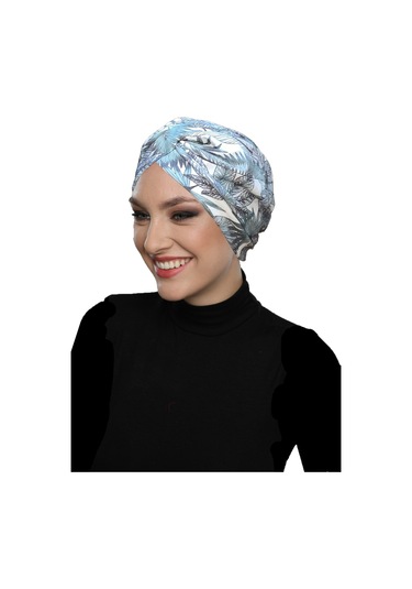 Desenli Çapraz Penye Krem-yeşil Yaprak Desenli Hazır Türban Tesettür Havuz Bonesi Krem - Yeşil