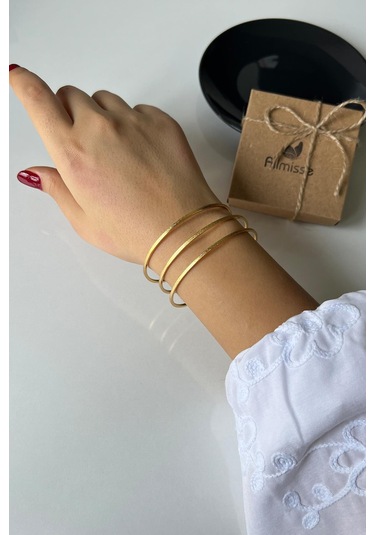 Gold Kaplama Düz Kumlu Model 3 Lü Çelik Ajda Model Bilezik 65 Mm Gold