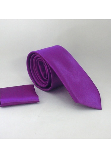 Mor Slim Fit Düz Renk Mendilli Saten Kravat - SS-20 Mor