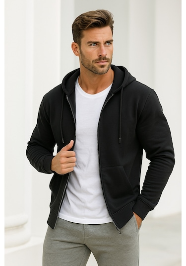 Rich Erkek Siyah Kapüşonlu Kanguru Cepli Fermuarlı Sweatshirt Siyah