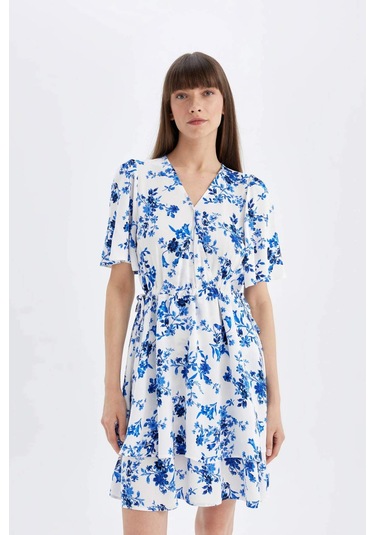 DeFacto Wrap Yaka Çiçek Desenli Maroken Yarım Kollu Mini Elbise C7223AX24SMBE303