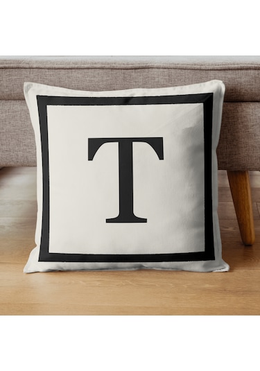 Harfli Kırlent Kılıfı - T Harfi - Dekoratif Kırlent Kılıfı Krem