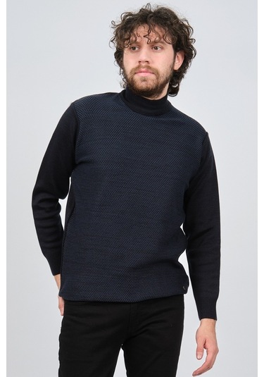 Çizgi Triko Erkek Yarım Balıkçı Yaka Desenli Kazak 42564229 Açık Açık Lacivert